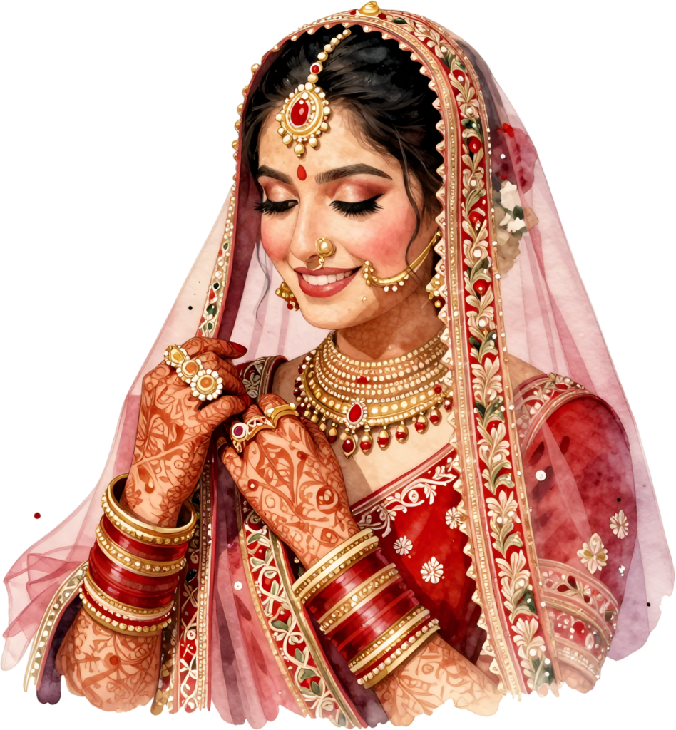Exquisite Indian bride adjusting jewelry, detailed PNG element for elegant wedding celebration clip art