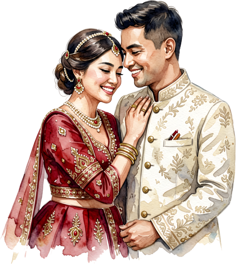 Bright Indian couple smiling warmly, cheerful PNG image ideal for joyous wedding bride groom clip art 1 Bright Indian couple smiling warmly, cheerful PNG image ideal for joyous wedding bride groom clip art