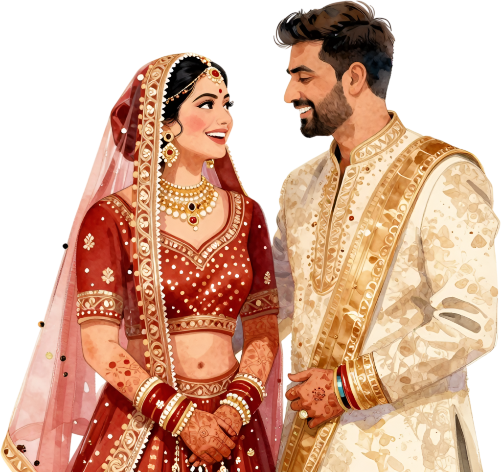 Engaged Indian couple looking lovingly, charming PNG illustration for romantic wedding bride groom clip art