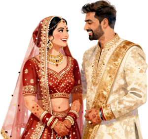 Happy Indian Wedding Couple Illustration, a Radiant PNG Element for Joyful Invitations and Digital Storytelling 6 - Happy Indian Wedding Couple Illustration, a Radiant PNG Element for Joyful Invitations and Digital Storytelling Free PNG Download
