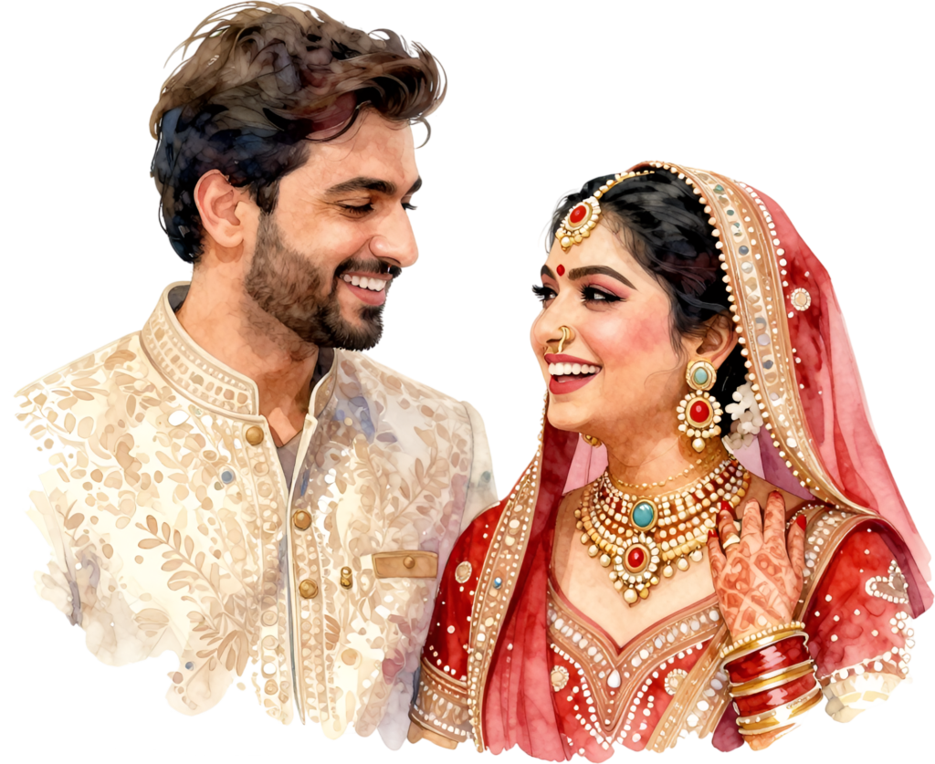 Captivating Indian couple with radiant smiles, striking PNG graphic for memorable wedding bride groom clip art