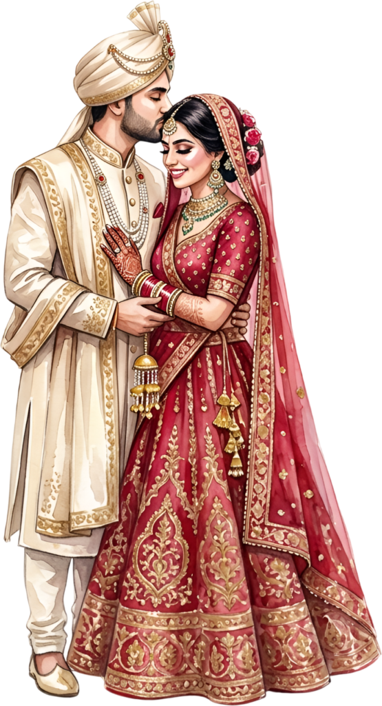 Indian Wedding Couple illustration showcases tender forehead kiss moment, perfect PNG for romantic celebration caricature designs