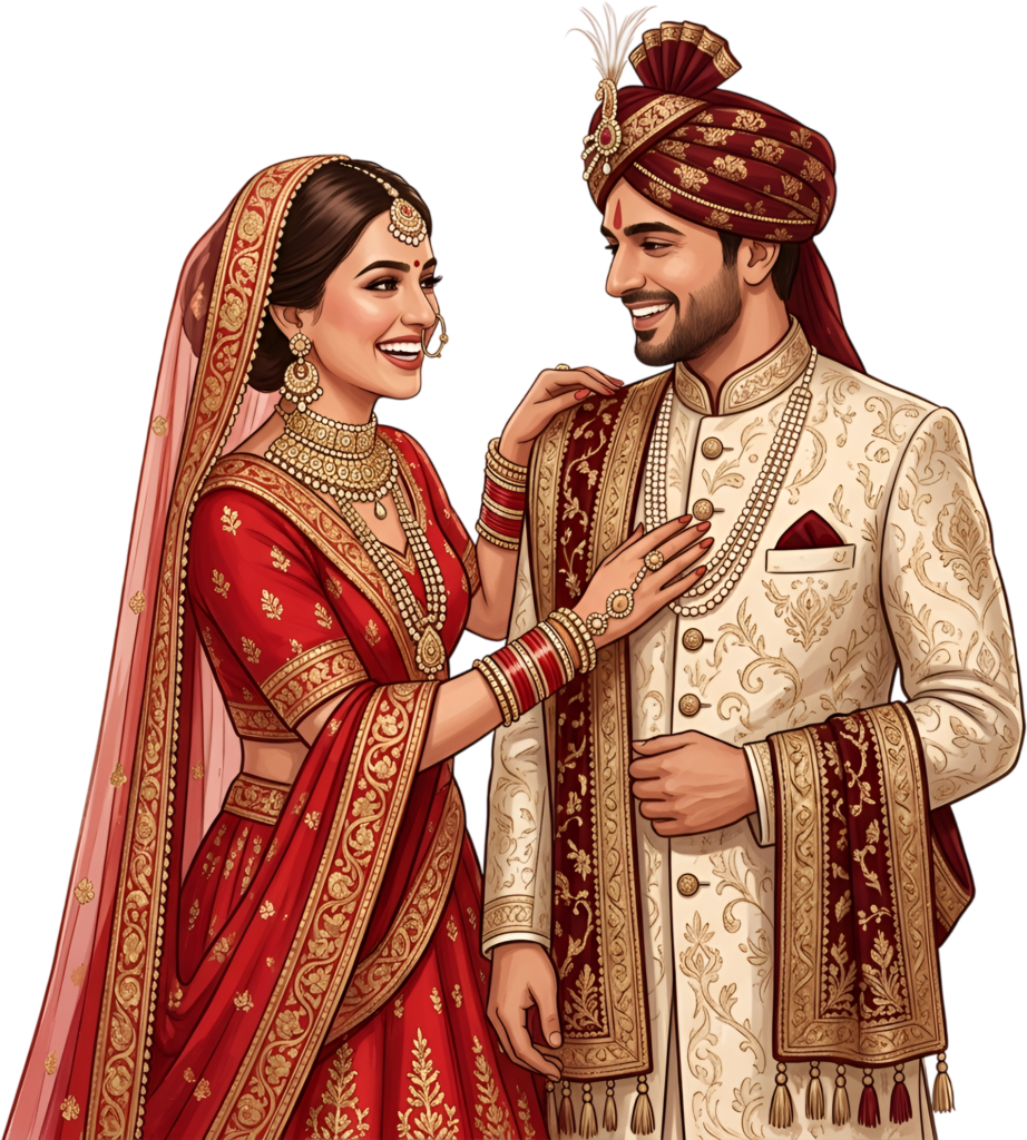 Capture a joyful Indian Wedding Couple moment with this vibrant digital caricature artwork, an ideal PNG graphic for event designs