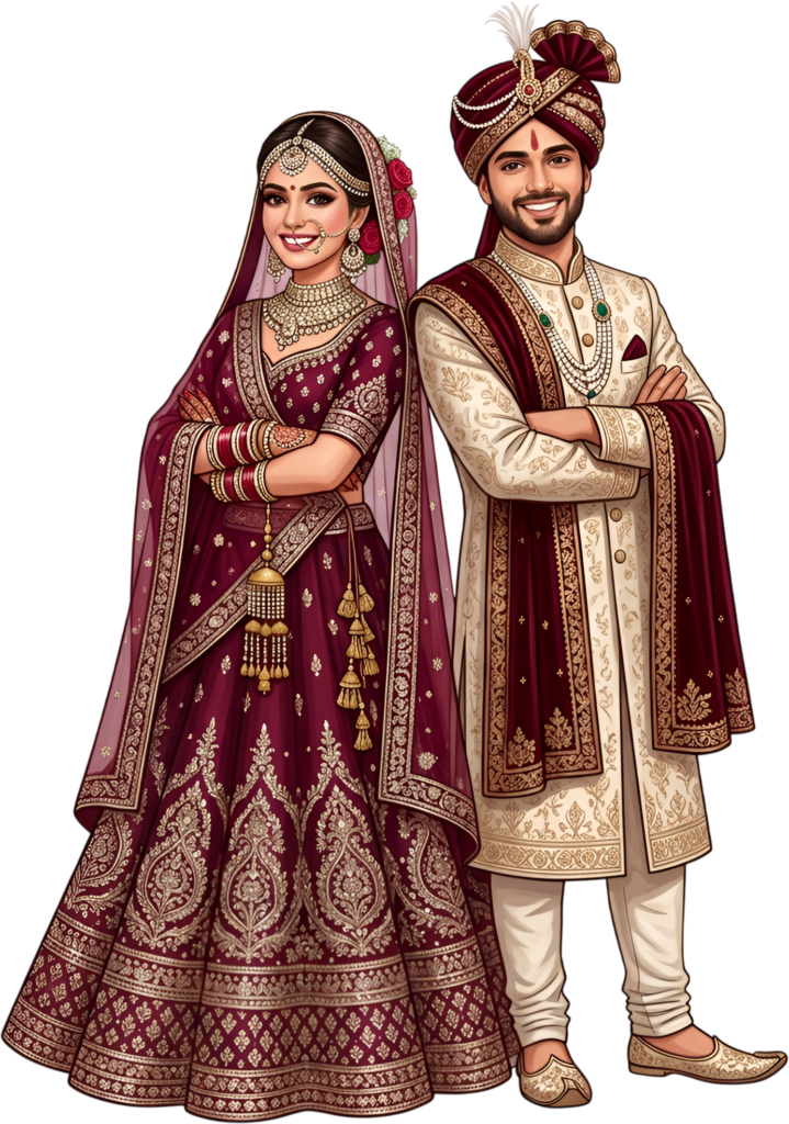 Presenting a confident Indian Wedding Couple pose, this unique caricature artwork offers a perfect PNG transparent graphic for modern celebration designs