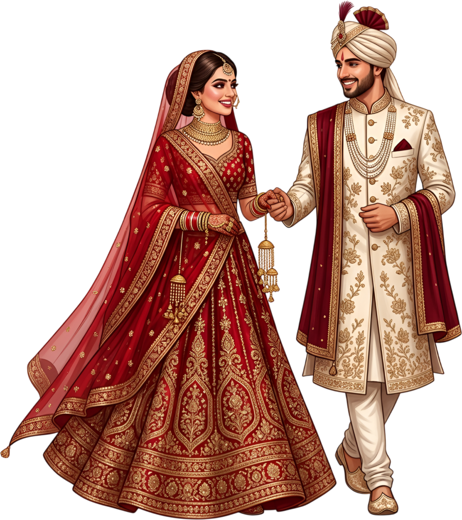 Watch this Indian Wedding Couple gracefully walk hand-in-hand, a charming digital PNG caricature perfect for romantic event graphics