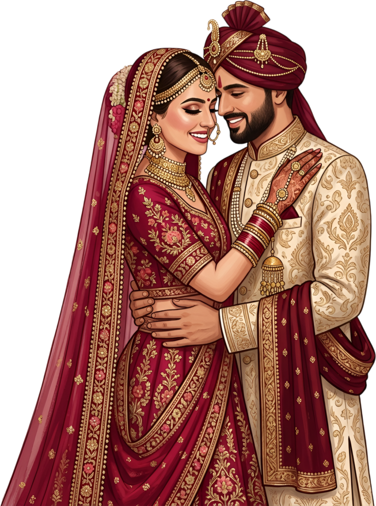 Experience an intimate Indian Wedding Couple embrace, a beautiful PNG caricature artwork designed for heartfelt cultural celebration graphics