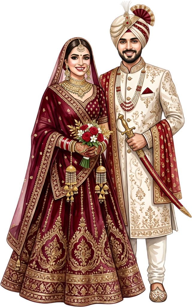 This regal Indian Wedding Couple caricature features a beautiful bride with bouquet and groom with sword, an elegant PNG asset