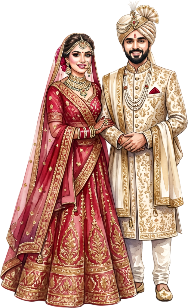 Discover this elegant Indian Wedding Couple standing hand-in-hand, a charming digital PNG caricature perfect for traditional celebration designs