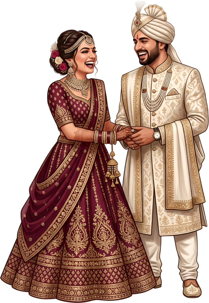 Observe a joyful Indian Wedding Couple laughing together, an expressive PNG caricature illustration ideal for vibrant celebration graphics