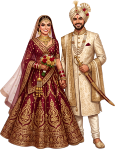 - Celebrate unity with this beautiful Indian Wedding Couple artwork, a charming PNG caricature featuring a bouquet for event designs Free PNG Download