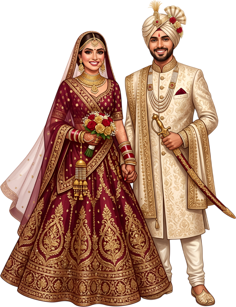 For your next design, consider this majestic Indian Wedding Couple caricature holding a bouquet and sword, an inspiring PNG illustration