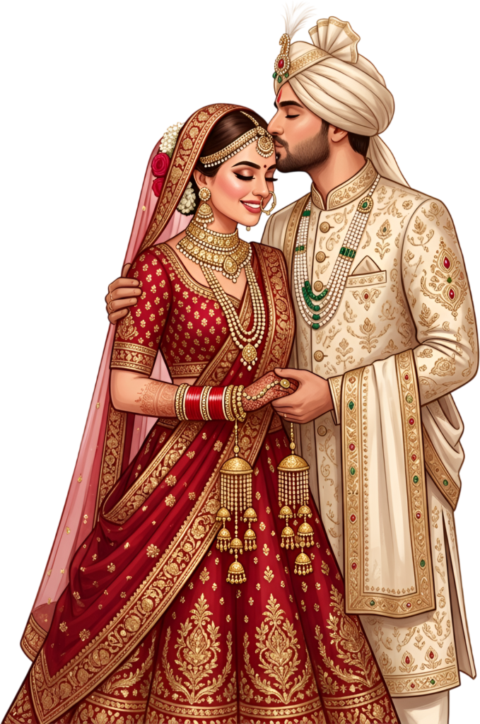 Feel the tenderness with this Indian Wedding Couple embracing, a heartwarming PNG caricature illustration ideal for romantic cultural graphics