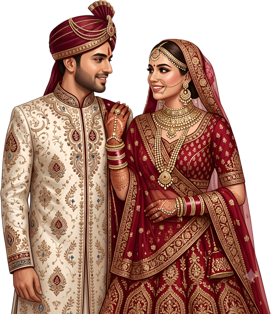 Design with this charming Indian Wedding Couple looking lovingly, an expressive PNG caricature for engaging cultural event graphics