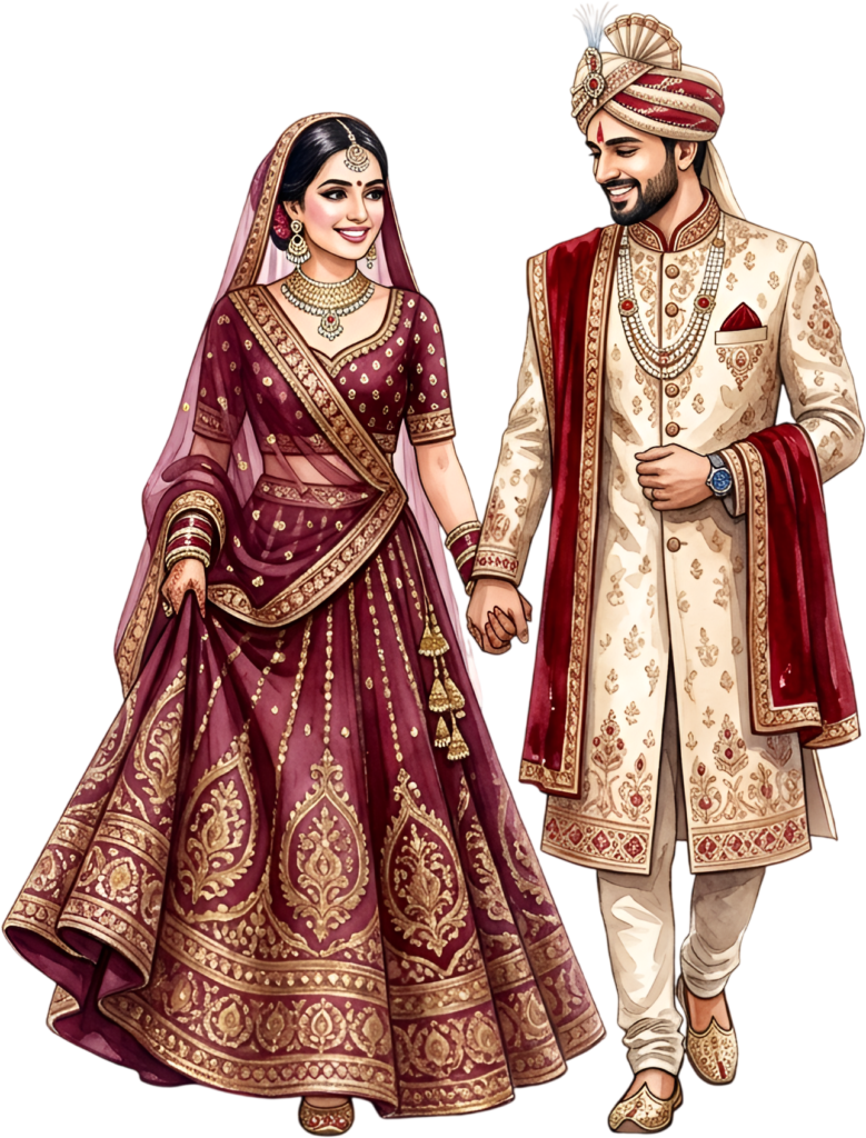 Envision this elegant Indian Wedding Couple strolling hand-in-hand, a captivating digital PNG caricature ideal for romantic cultural invitations