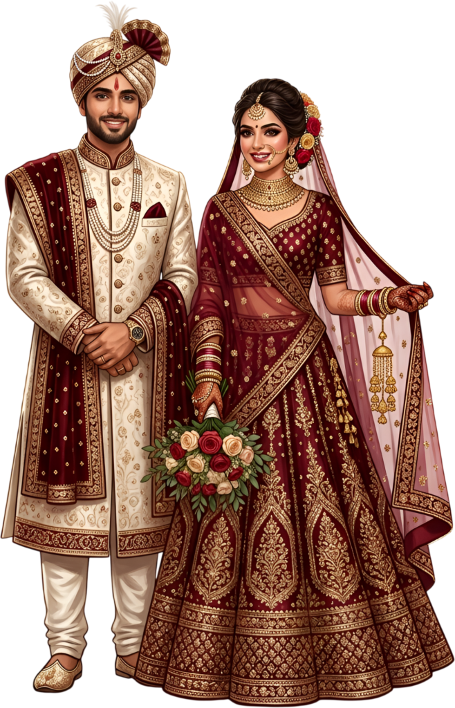 Celebrate unity with this beautiful Indian Wedding Couple artwork, a charming PNG caricature featuring a bouquet for event designs