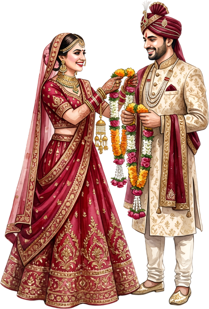 Witness the traditional Indian Wedding Couple exchanging garlands, a joyous PNG caricature illustration perfect for cultural ceremony graphics