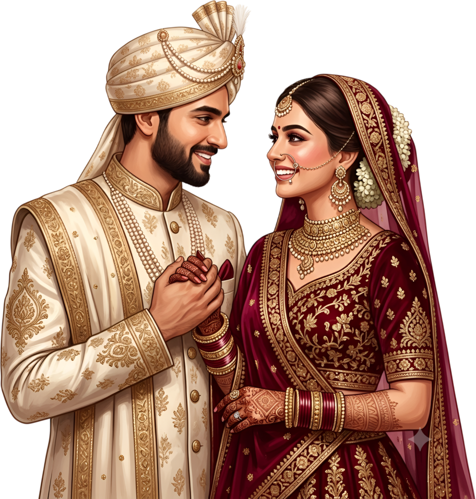Portraying a loving Indian Wedding Couple holding hands, this endearing PNG caricature captures the essence of a happy union