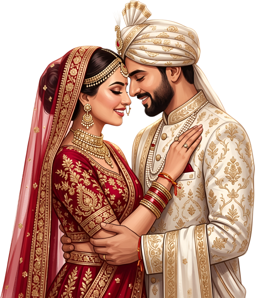 This watercolor Indian Wedding Couple caricature beautifully captures a tender embrace, an exquisite PNG illustration for romantic designs