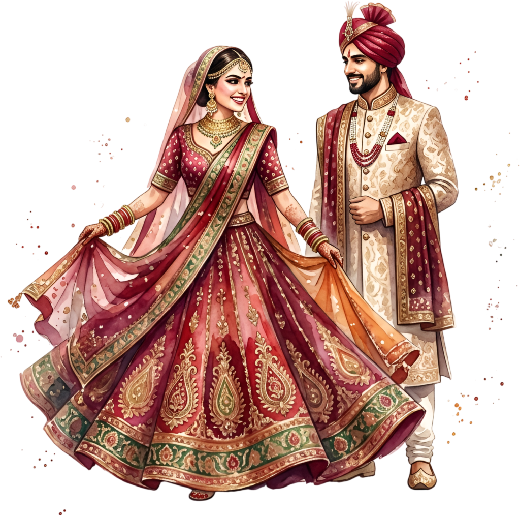 Witness a joyful Indian Wedding Couple in a dynamic twirling pose, a vibrant PNG caricature with artistic watercolor splashes