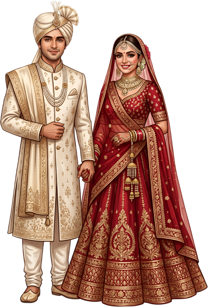 An ideal Indian Wedding Couple graphic, this elegant standing PNG caricature is perfect for minimalist invitation designs
