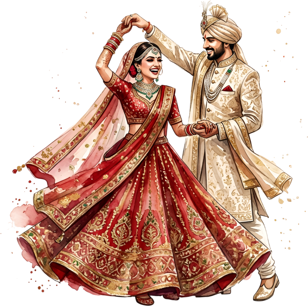 Bring energy to designs with this vibrant Indian Wedding Couple dancing, an exciting PNG caricature featuring dynamic watercolor splashes