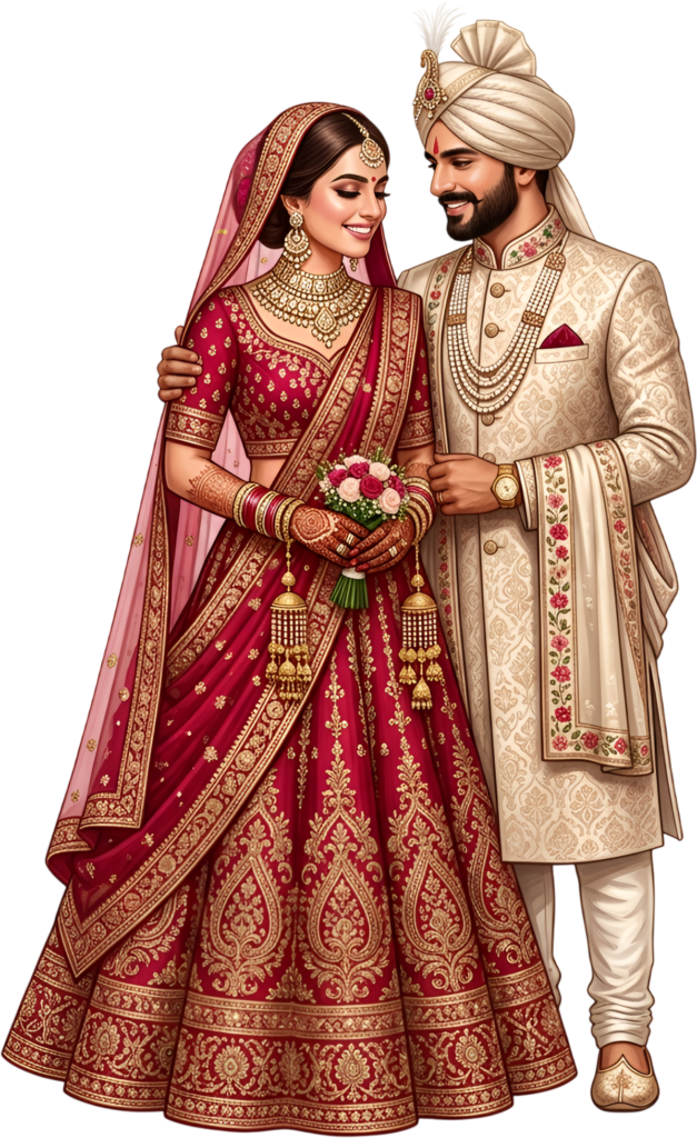 Acquire this exquisite Indian Wedding Couple caricature holding a floral bouquet, an elegant PNG illustration for cherished celebration designs