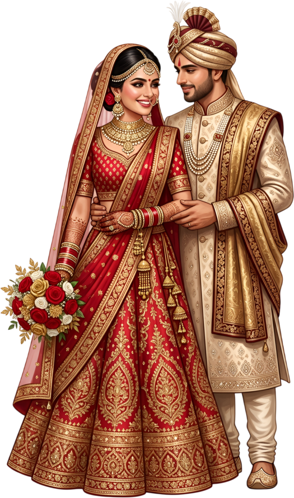 Presenting an opulent Indian Wedding Couple in traditional attire, this stunning PNG caricature features a bouquet for luxurious events