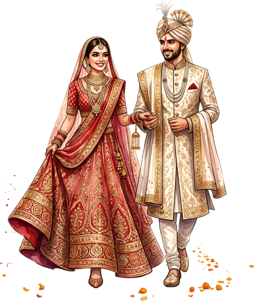 Step into celebration with this charming Indian Wedding Couple walking amidst petals, a delightful PNG caricature with watercolor accents