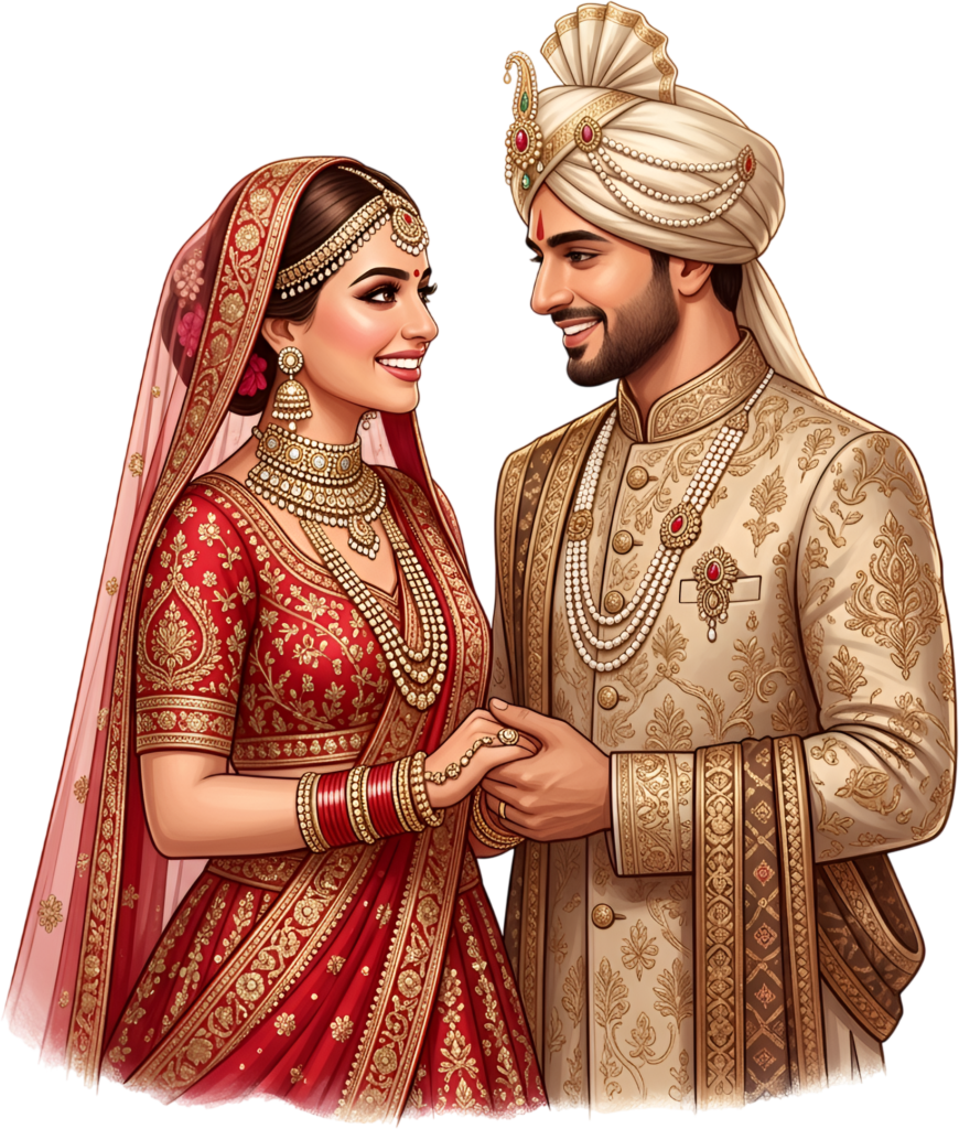 Witness the radiant smiles of this Indian Wedding Couple, an enchanting PNG caricature showcasing heartfelt connection for designs