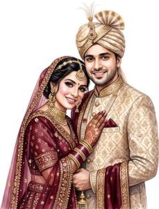 - Celebrate unity with this beautiful Indian Wedding Couple artwork, a charming PNG caricature featuring a bouquet for event designs Free PNG Download