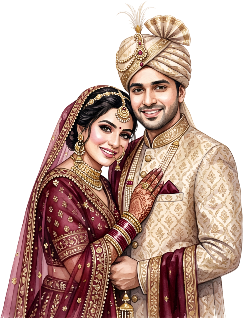 Smiling Indian Wedding Couple PNG Illustration, Perfect for Festive Card Designs and Cultural Events
