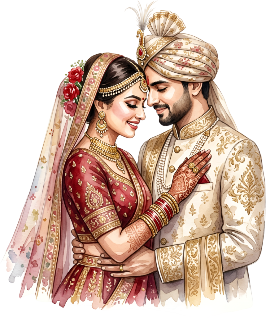 Romantic Indian Wedding Couple Illustration, an Emotional PNG Asset for Love-Themed Projects and Digital Art