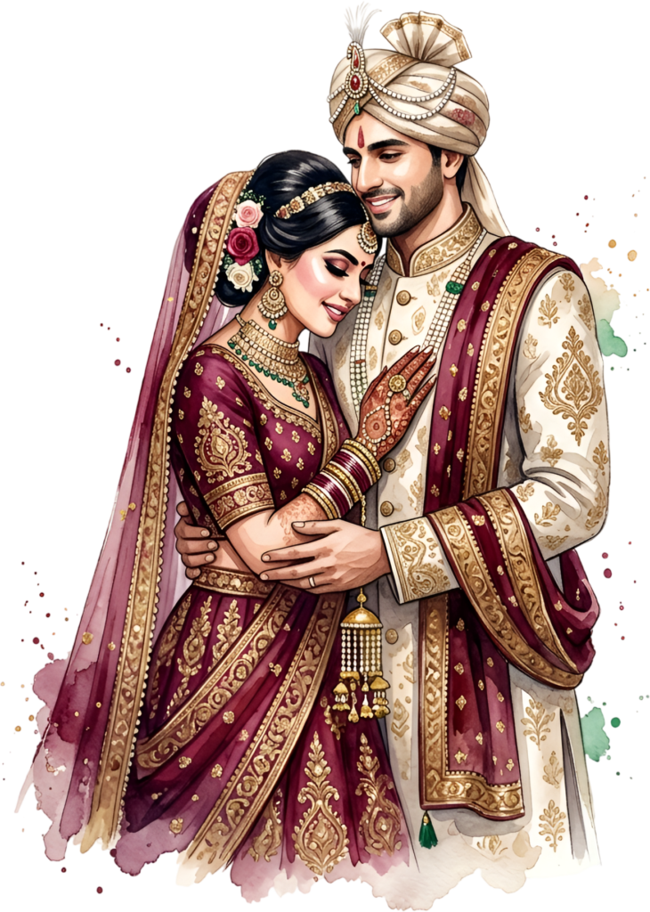 Embracing Indian Wedding Couple PNG Illustration, Ideal for Vibrant Cultural Celebrations and Custom Invitations