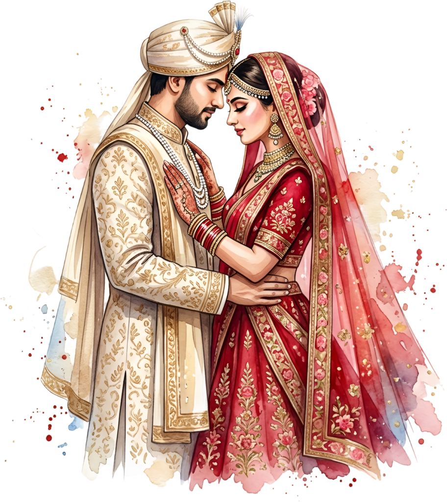 Elegant Indian Wedding Couple PNG Illustration, a Full-Length Asset for Luxurious Invitations and Event Decor