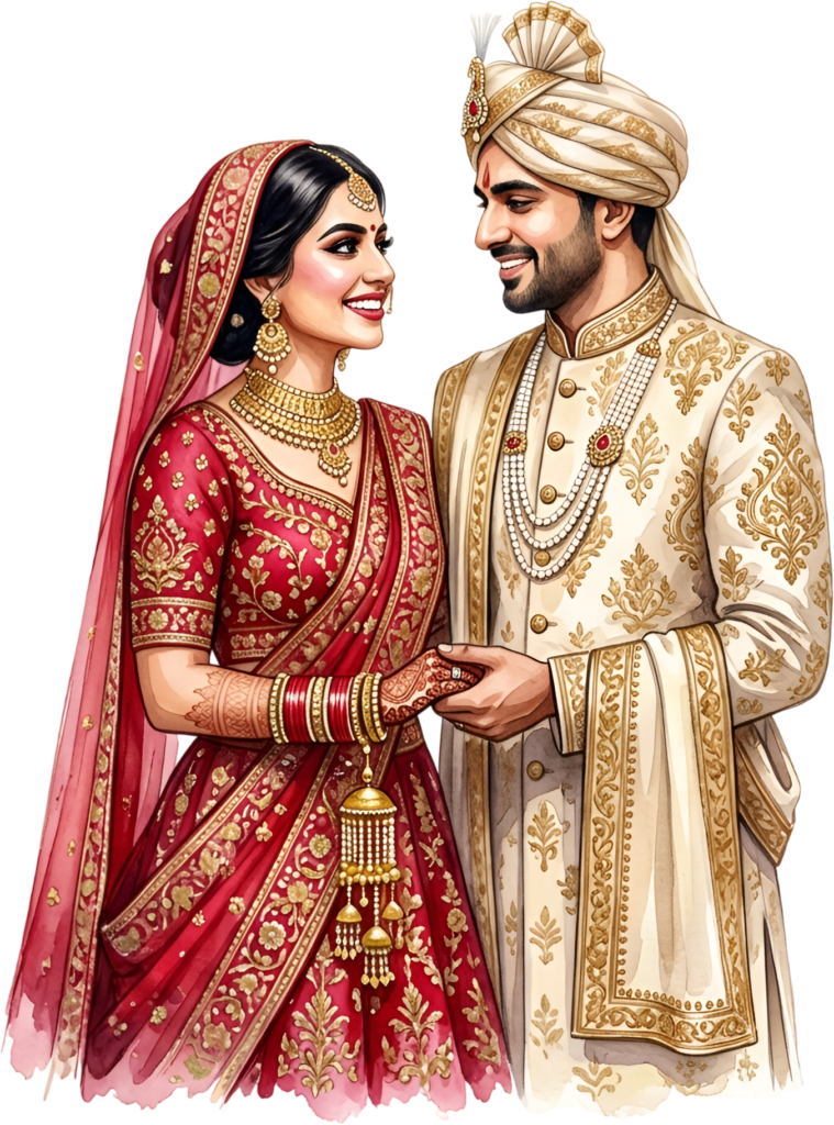 Happy Indian Wedding Couple Illustration, a Radiant PNG Element for Joyful Invitations and Digital Storytelling