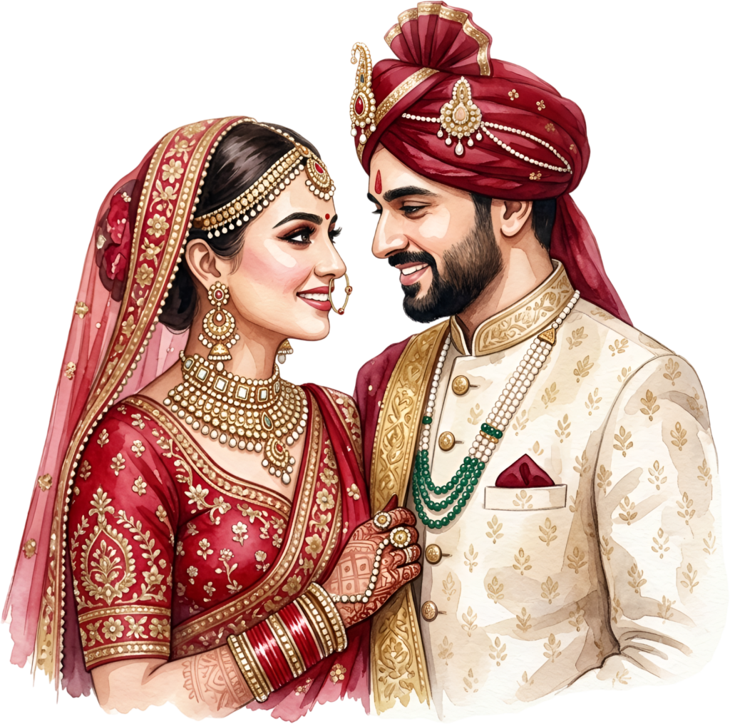 Affectionate Indian Wedding Couple PNG Illustration, Capturing Sweet Moments for Invitations and Digital Crafts