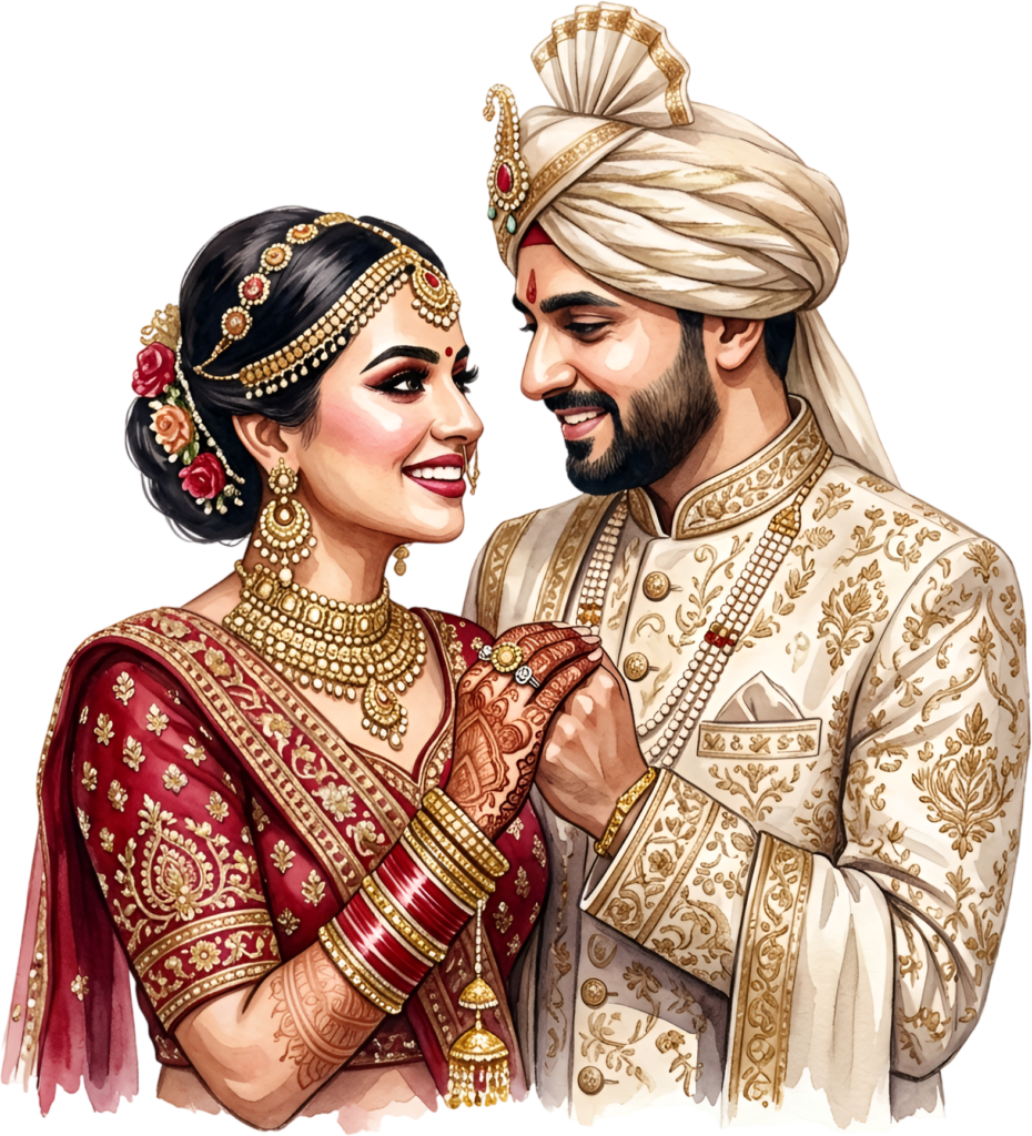 Charming Indian Wedding Couple Illustration, a Detailed PNG Asset for Cultural Event Invitations and Decor