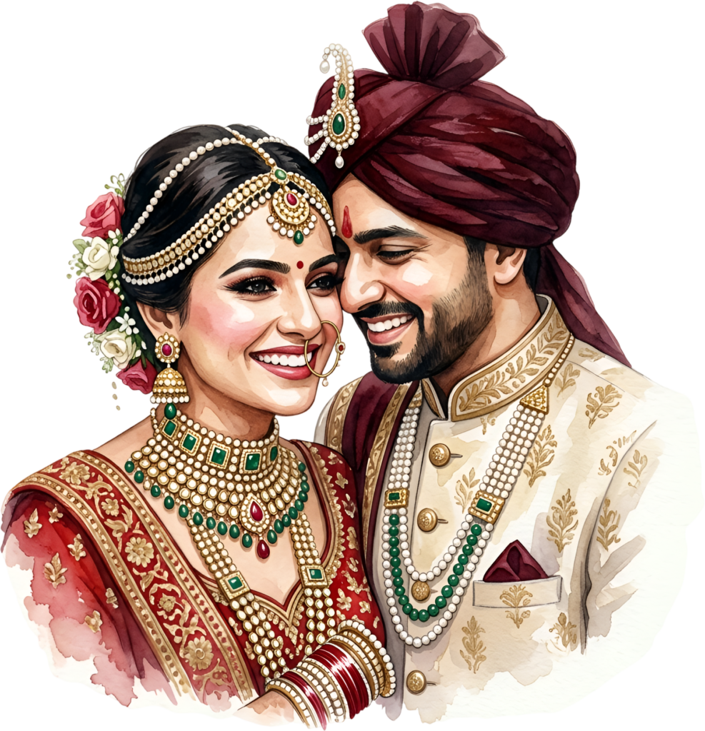 Delighted Indian Wedding Couple PNG Illustration, Showcasing Joy for Festive Designs and Anniversary Celebrations