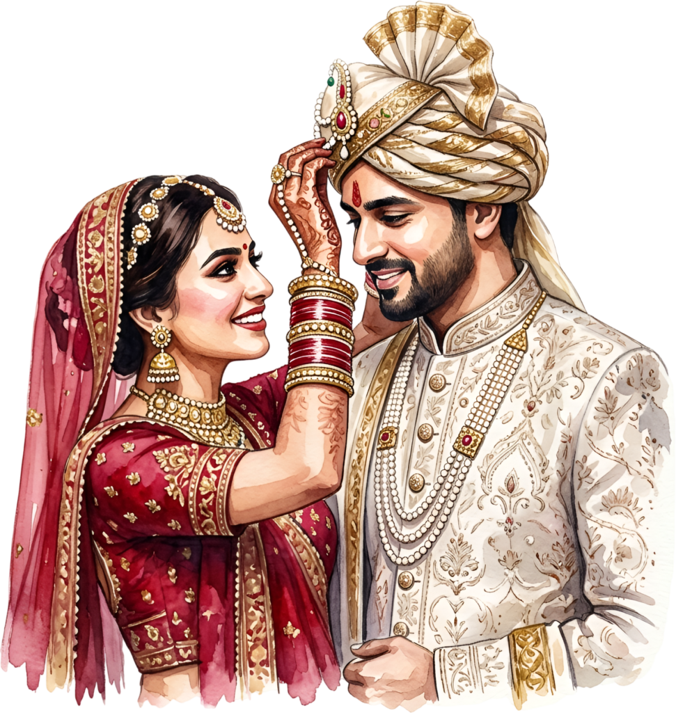 Playful Indian Wedding Couple Illustration, a Unique PNG Asset for Lighthearted Invitations and Engagement Announcements