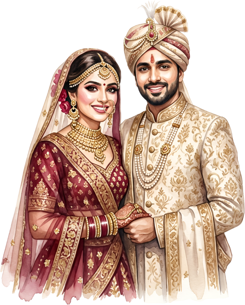 Posed Indian Wedding Couple PNG Illustration, a Classic Design for Traditional Invitations and Wedding Stationery
