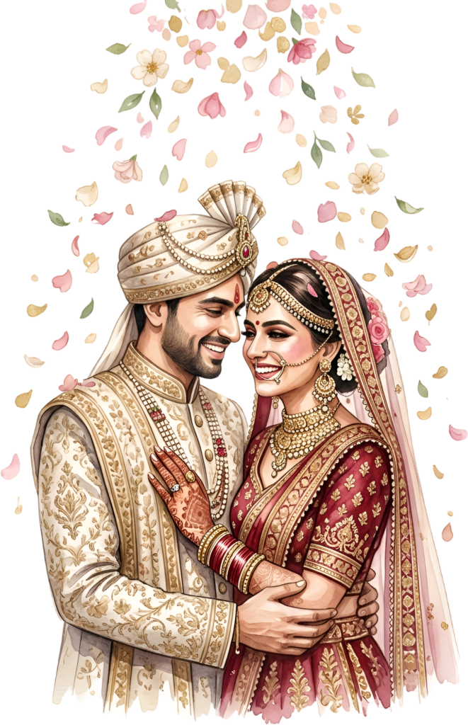 Blissful Indian Wedding Couple Illustration, a Dreamy PNG Asset with Falling Petals for Romantic Wedding Themes