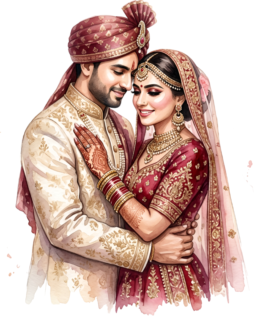 Warm Indian Wedding Couple PNG Illustration, Featuring a Tender Embrace for Anniversary Gifts and Custom Artwork