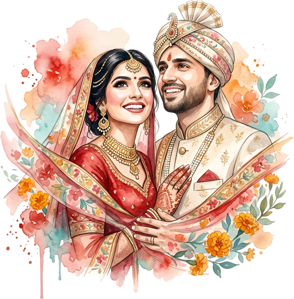 Dreamy Indian Wedding Couple Illustration, a Floral PNG Background Element for Elegant Invitations and Digital Art