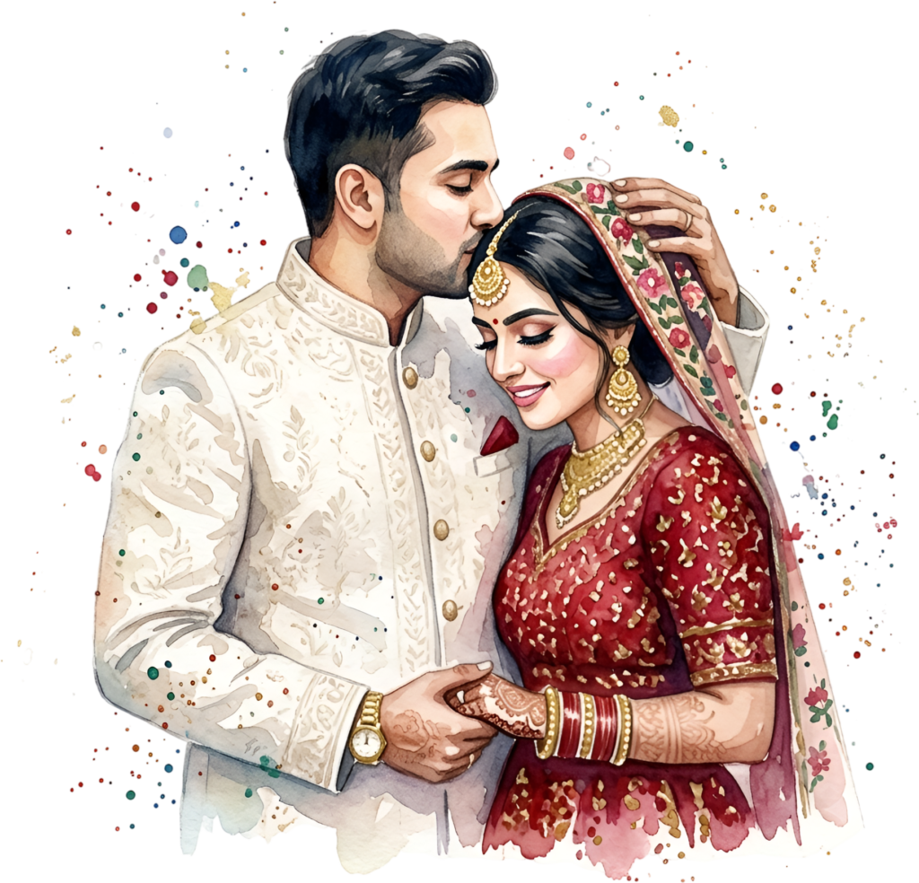 Tender Indian Wedding Couple PNG Illustration, Showcasing a Forehead Kiss for Emotional Cards and Wedding Keepsakes