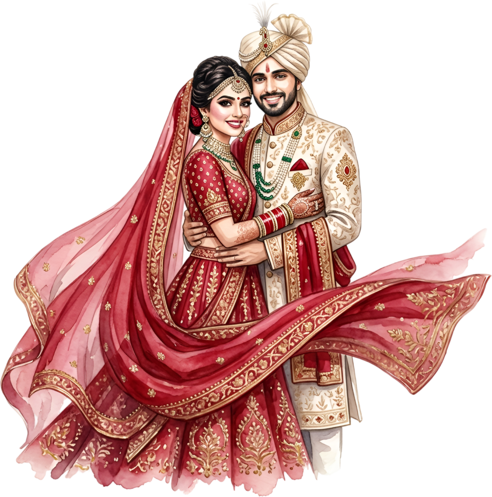 Grand Indian Wedding Couple Illustration, a Dynamic PNG Asset with Flowing Dupatta for Festive Invitations and Events