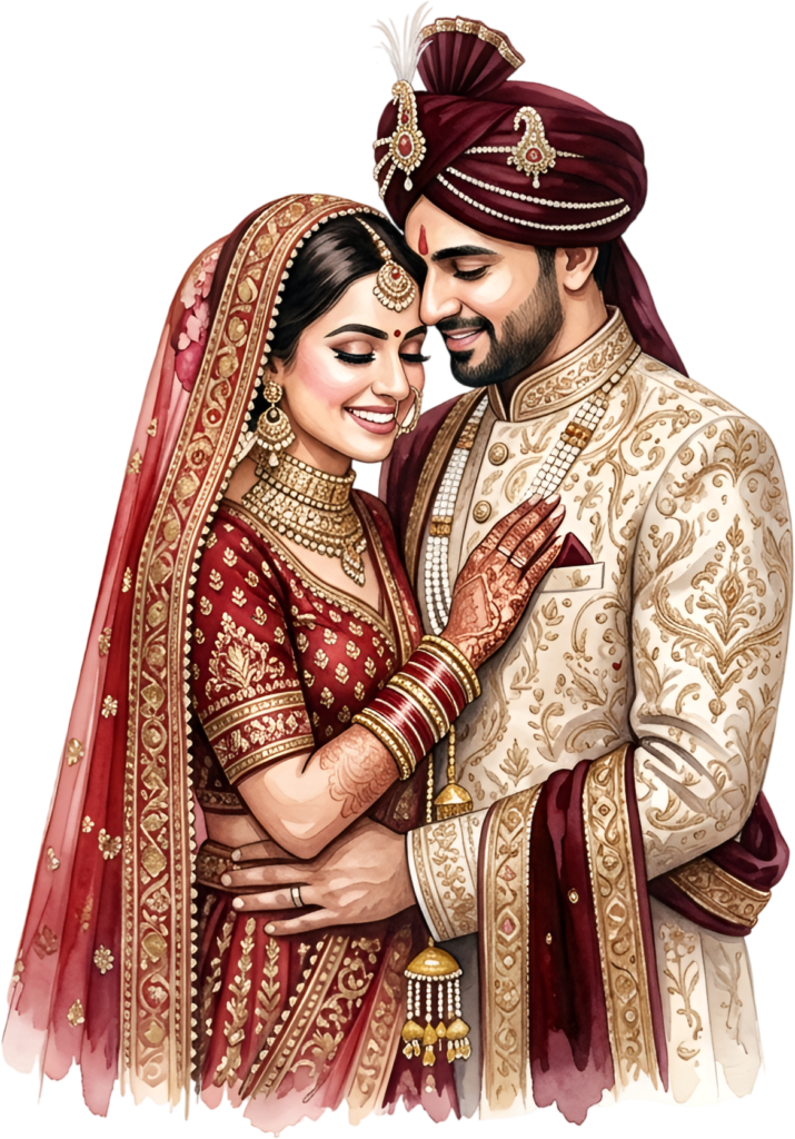 Regal Indian Wedding Couple PNG Illustration, Adorned in Maroon and Gold for Luxury Invitations and Cultural Designs