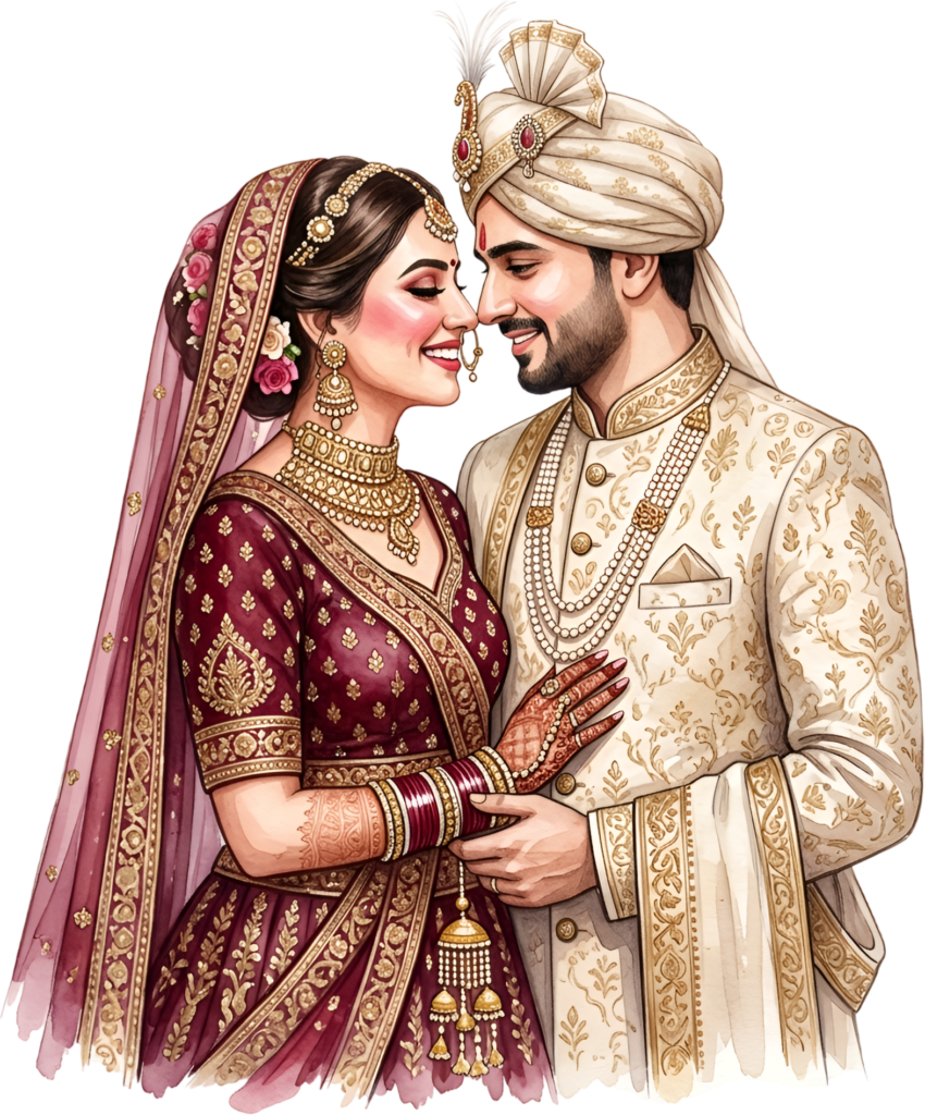 Content Indian Wedding Couple Illustration, Featuring a Bride with Nose Ring for Authentic Invitations and Decor