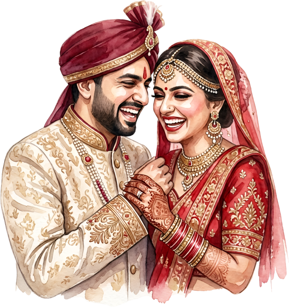 Joyful Laughing Indian Wedding Couple PNG Illustration, Perfect for Vibrant Celebrations and Engagement Announcements