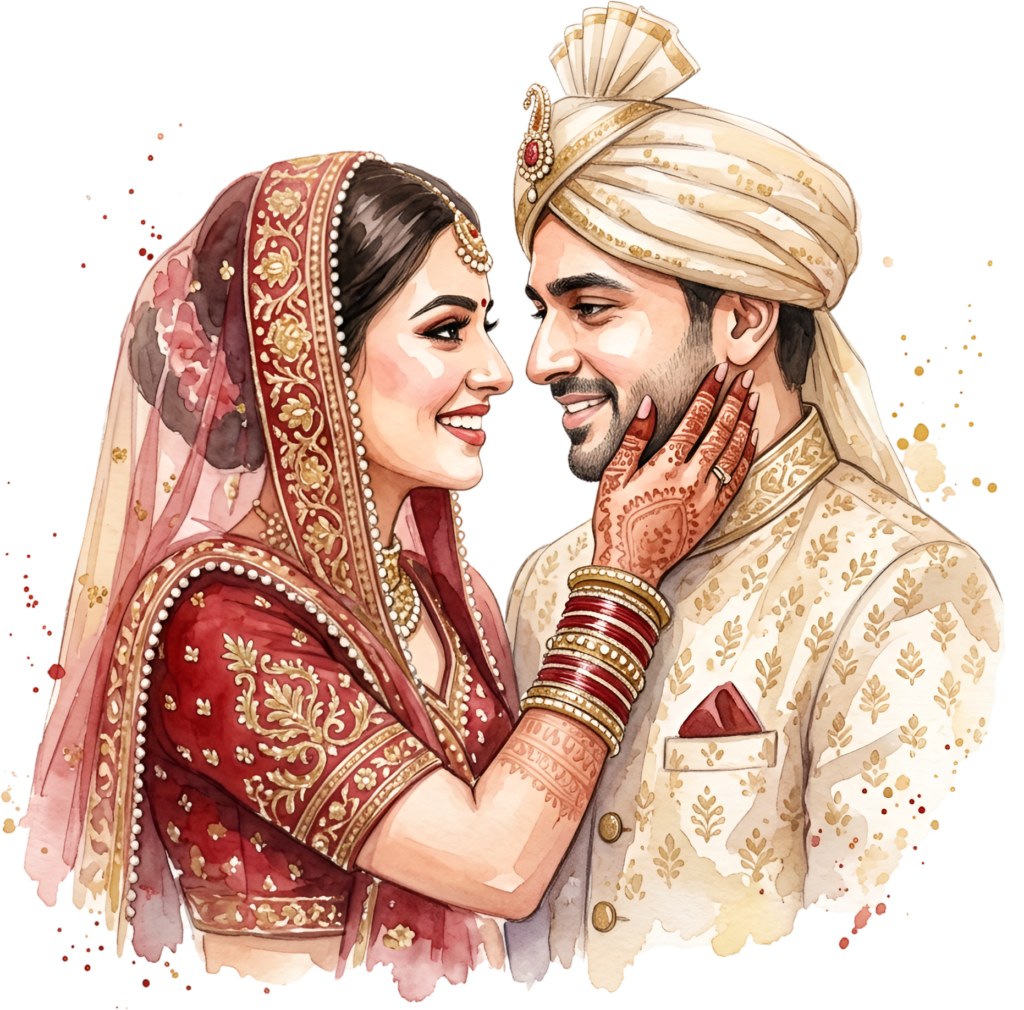 Loving Indian Wedding Couple Illustration, a Sweet PNG Asset with Tender Face Touch for Romantic Cards and Gifts