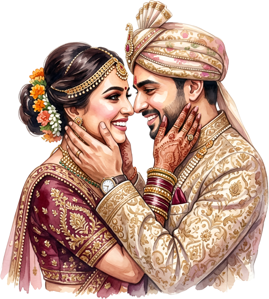 Affectionate Floral Indian Wedding Couple PNG Illustration, Showcasing a Beautiful Embrace for Invitations and Keepsakes